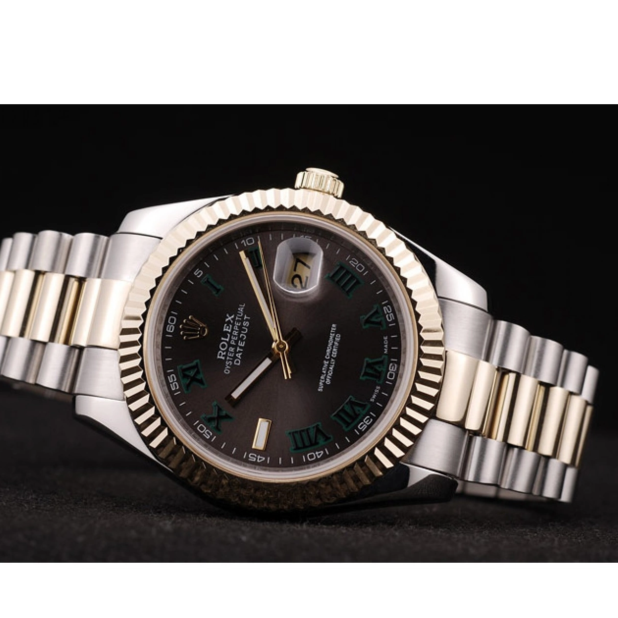 Rolex aaa copy Gold Bezel Brown Ribbed Pattern Rolex Dial DateJust 0708